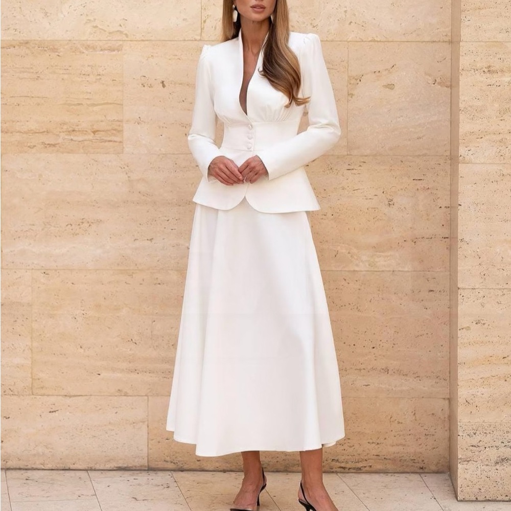 White Wedding Bridal Skirt Suit - Elegant White Blazer with Midi Skirt, 2-Piece